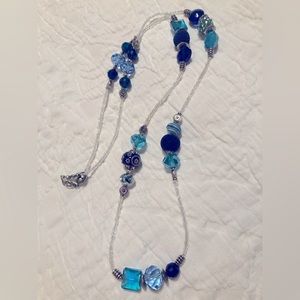 Long blue beaded necklace